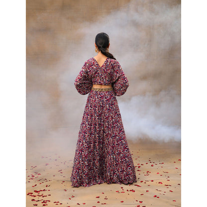 MEHAK MURPANA Purple Printed Embroidered Batwing Sleeves Top with Lehenga (Set of 2)