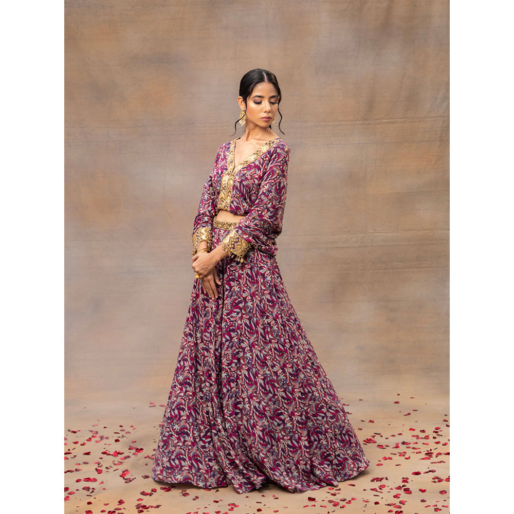 MEHAK MURPANA Purple Printed Embroidered Batwing Sleeves Top with Lehenga (Set of 2)