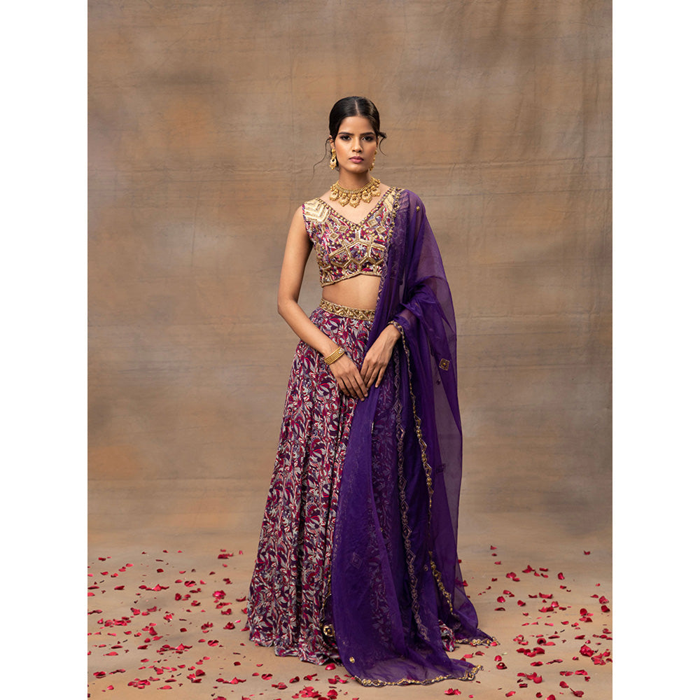 MEHAK MURPANA Purple Printed Embroidered Choli Lehenga and Dupatta (Set of 3)