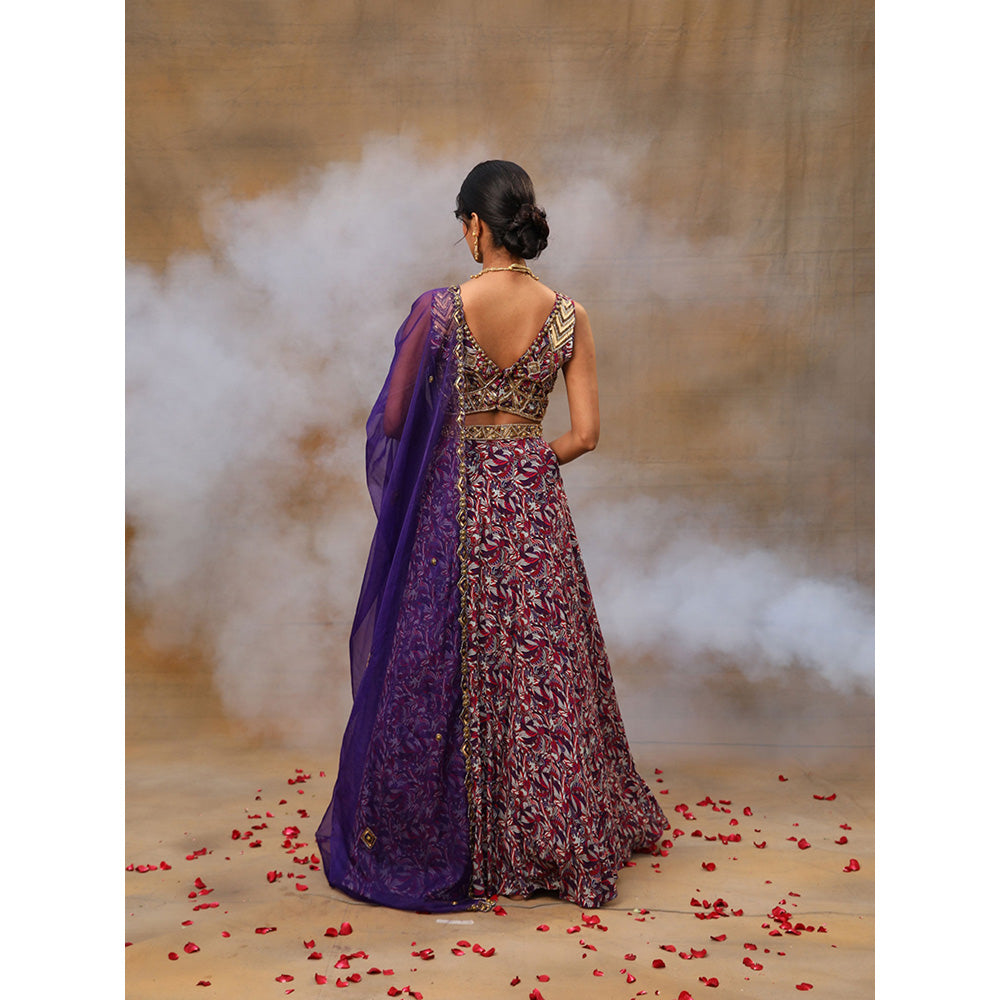 MEHAK MURPANA Purple Printed Embroidered Choli Lehenga and Dupatta (Set of 3)