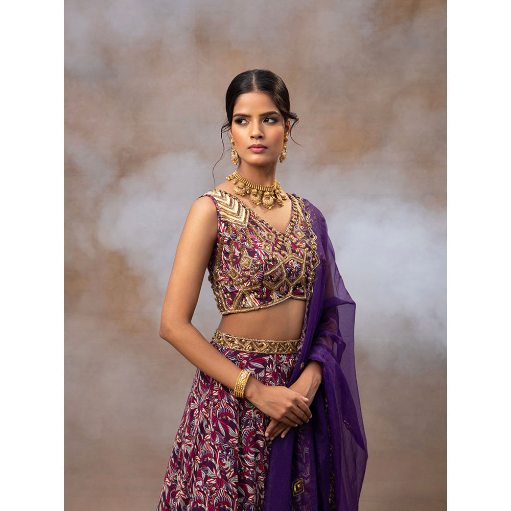 MEHAK MURPANA Purple Printed Embroidered Choli Lehenga and Dupatta (Set of 3)