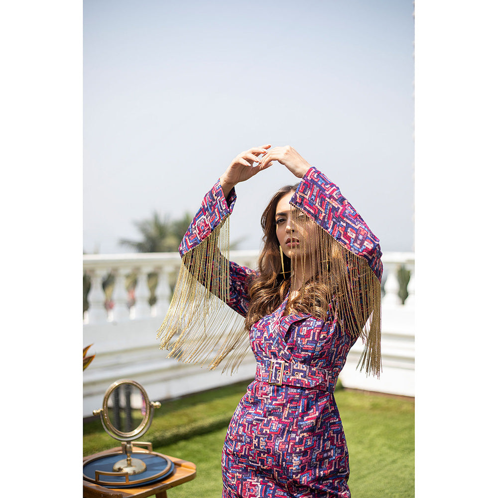 MEHAK MURPANA Blue Blazer Dress with Chains and Belt (Set of 2)