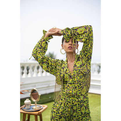 MEHAK MURPANA Green Crop Jacket Top with Pants (Set of 2)