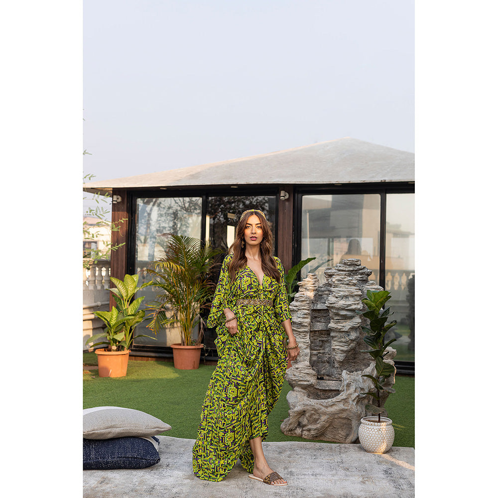 MEHAK MURPANA Green Draped Dress with Embroidered Belt (Set of 2)