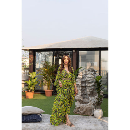 MEHAK MURPANA Green Draped Dress with Embroidered Belt (Set of 2)