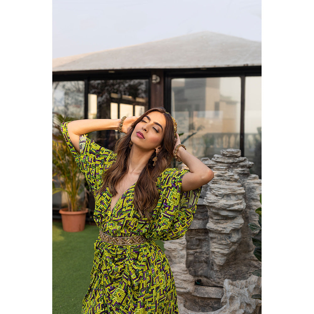 MEHAK MURPANA Green Draped Dress with Embroidered Belt (Set of 2)