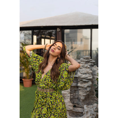 MEHAK MURPANA Green Draped Dress with Embroidered Belt (Set of 2)