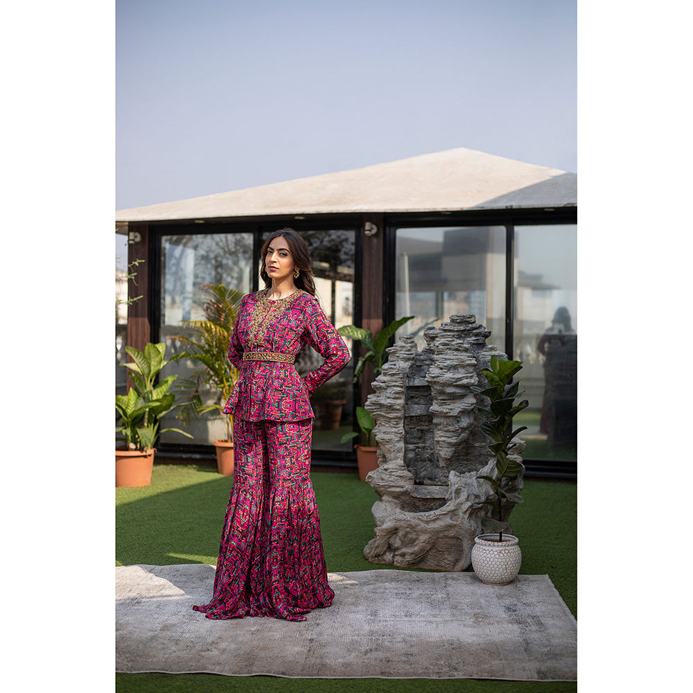 MEHAK MURPANA Pink Peplum Top with Sharara and Embroidered Belt (Set of 3)