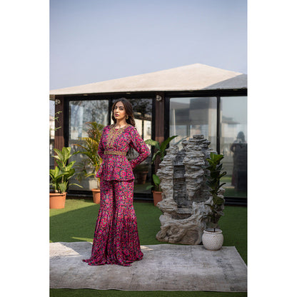 MEHAK MURPANA Pink Peplum Top with Sharara and Embroidered Belt (Set of 3)