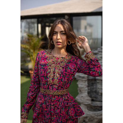 MEHAK MURPANA Pink Peplum Top with Sharara and Embroidered Belt (Set of 3)