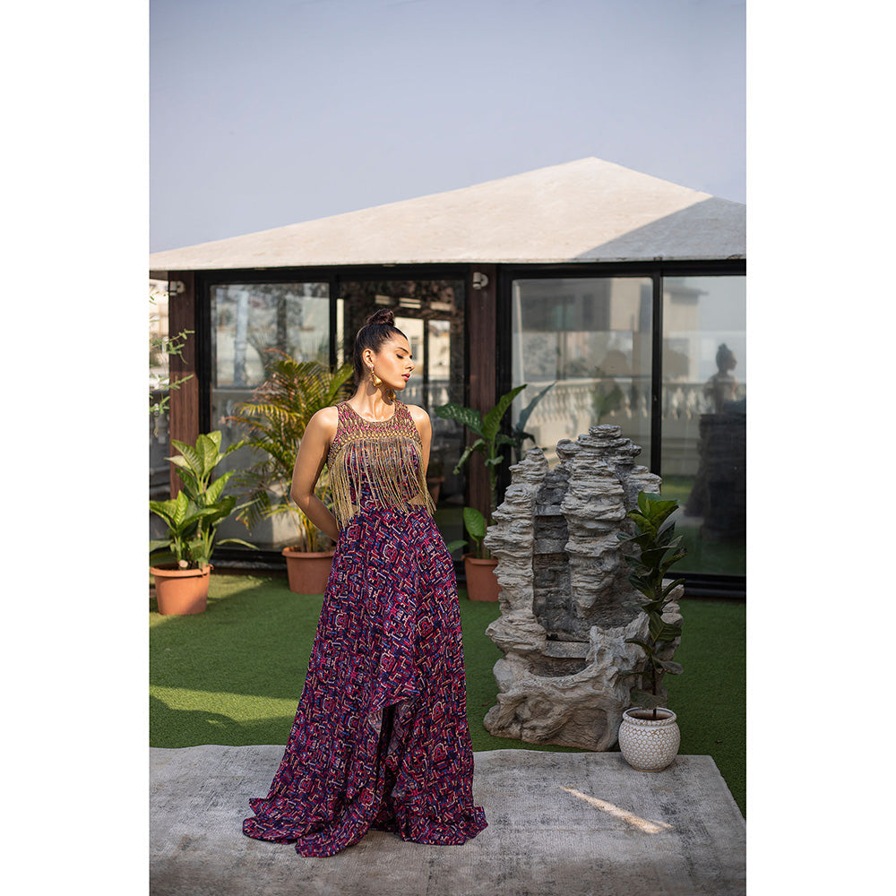 MEHAK MURPANA Blue Layered Gown with Hanging Chains