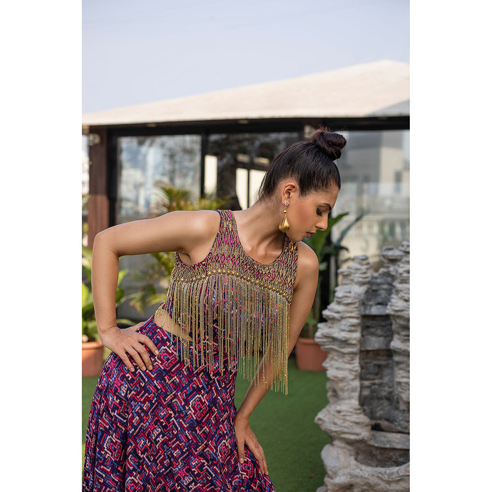 MEHAK MURPANA Blue Layered Gown with Hanging Chains