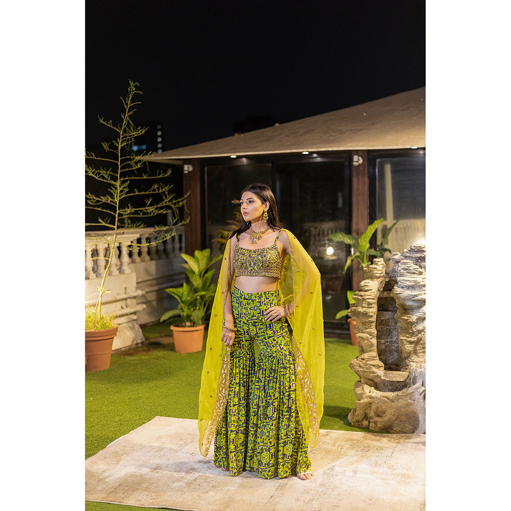 MEHAK MURPANA Green Buster Sharara with Organza Cape (Set of 3)