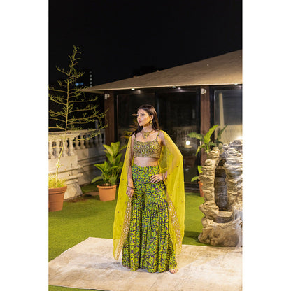 MEHAK MURPANA Green Buster Sharara with Organza Cape (Set of 3)