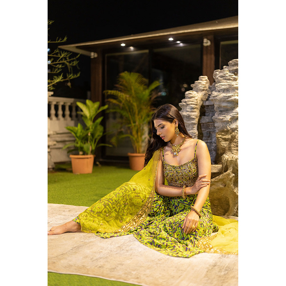 MEHAK MURPANA Green Buster Sharara with Organza Cape (Set of 3)