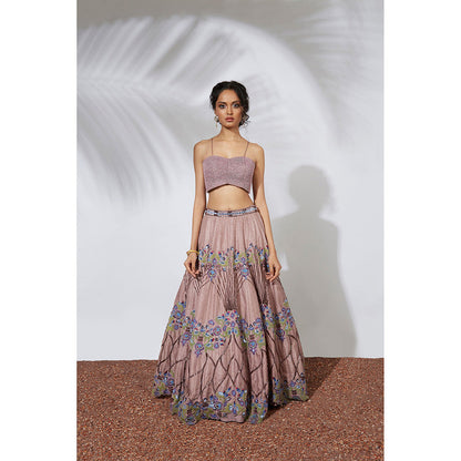 MEHAK MURPANA Rose Pink Embroidered Lehenga Crop Top with Organza Ruffle Dupatta (Set of 3)