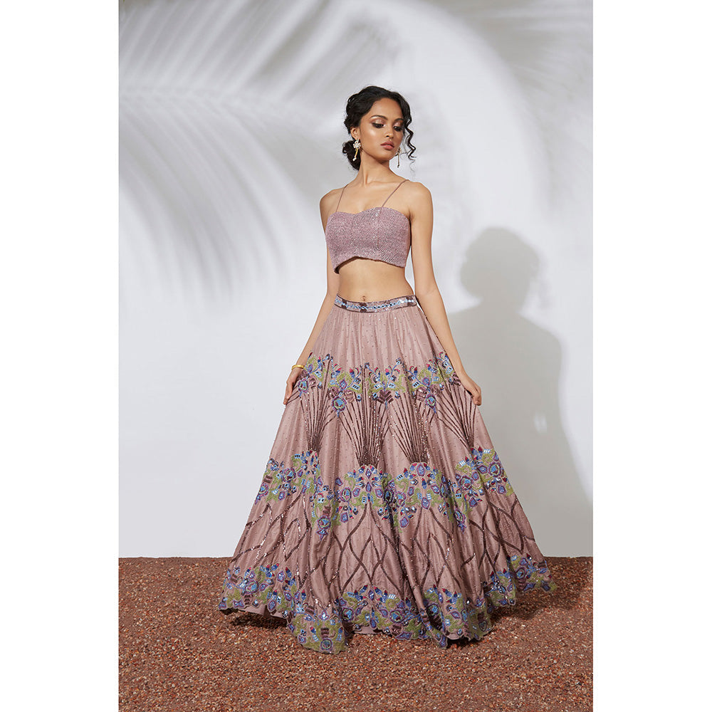 MEHAK MURPANA Rose Pink Embroidered Lehenga Crop Top with Organza Ruffle Dupatta (Set of 3)