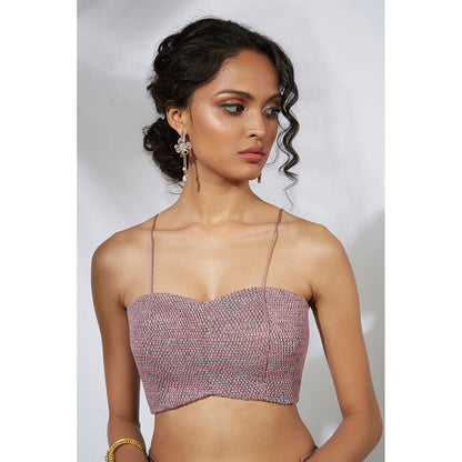 MEHAK MURPANA Rose Pink Embroidered Lehenga Crop Top with Organza Ruffle Dupatta (Set of 3)