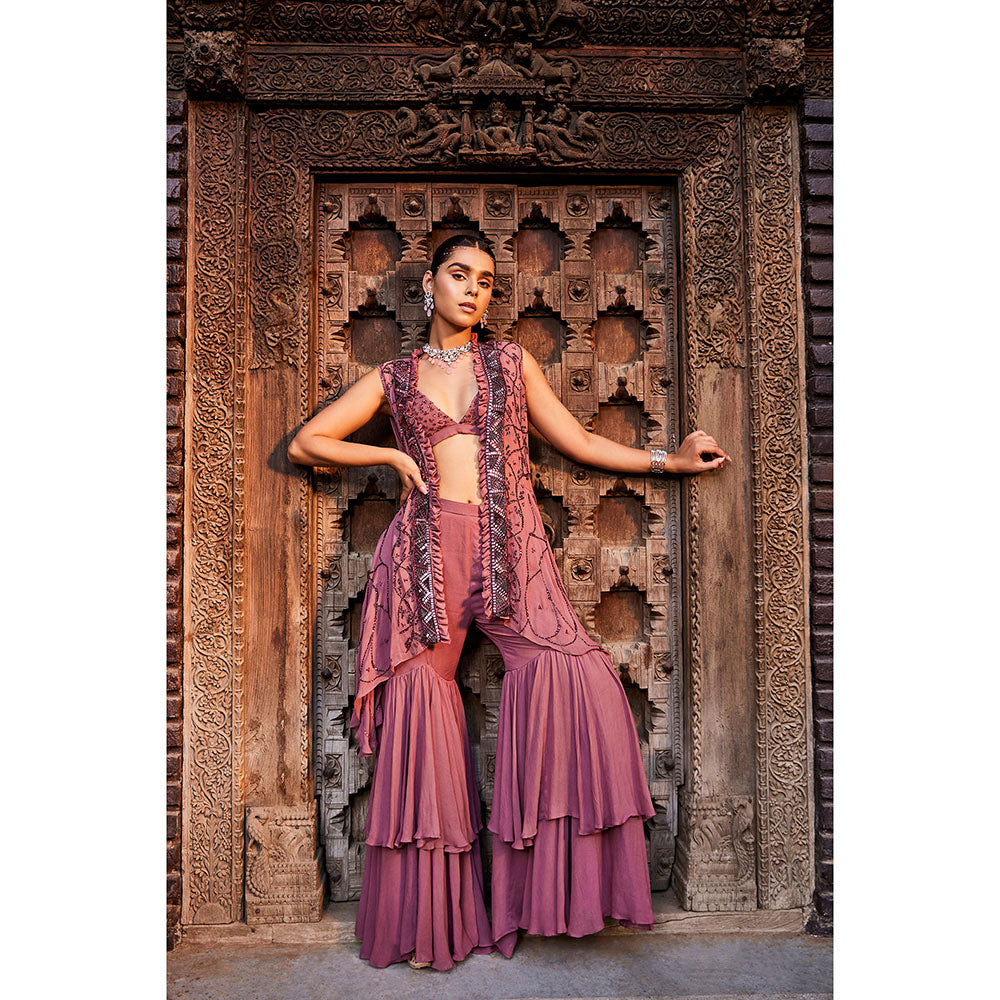 MEHAK MURPANA Rose Pink Buster Jacket and Sharara (Set of 3)