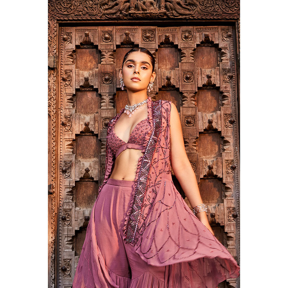 MEHAK MURPANA Rose Pink Buster Jacket and Sharara (Set of 3)