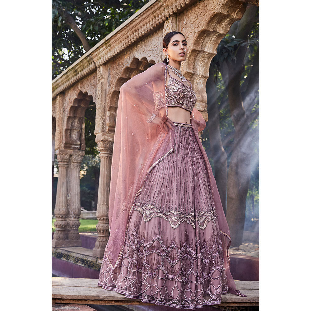 MEHAK MURPANA Rose Pink Embroidered Lehenga Crop Top with Dupatta (Set of 3)