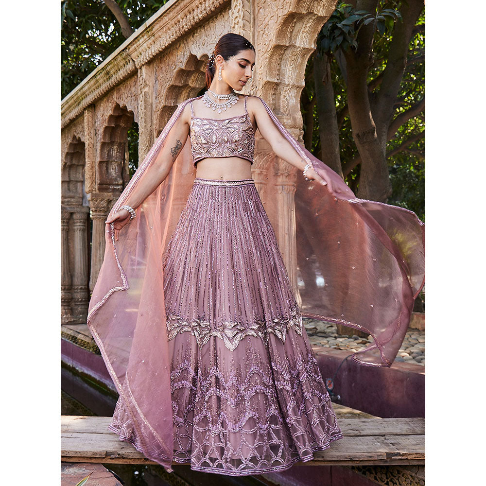 MEHAK MURPANA Rose Pink Embroidered Lehenga Crop Top with Dupatta (Set of 3)