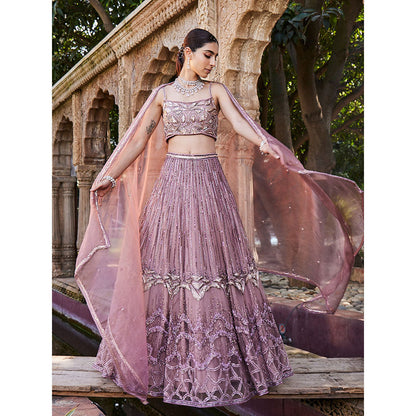 MEHAK MURPANA Rose Pink Embroidered Lehenga Crop Top with Dupatta (Set of 3)