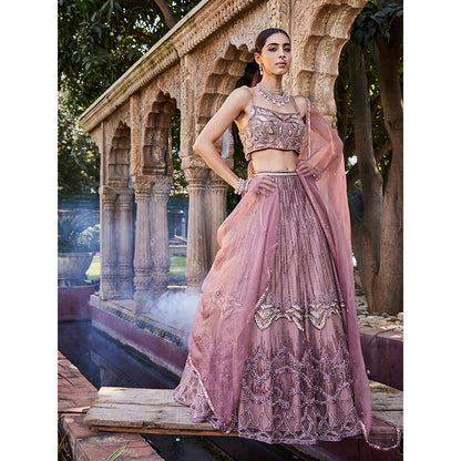 MEHAK MURPANA Rose Pink Embroidered Lehenga Crop Top with Dupatta (Set of 3)