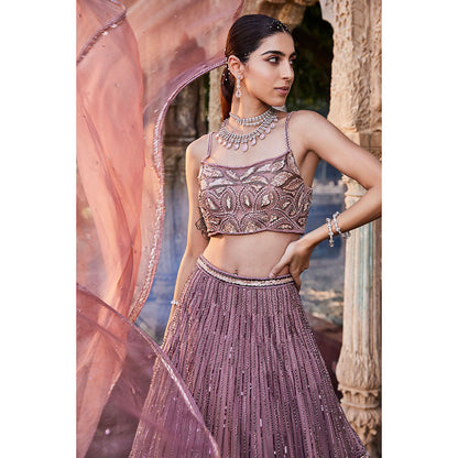 MEHAK MURPANA Rose Pink Embroidered Lehenga Crop Top with Dupatta (Set of 3)