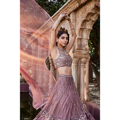 MEHAK MURPANA Rose Pink Embroidered Lehenga Crop Top with Dupatta (Set of 3)