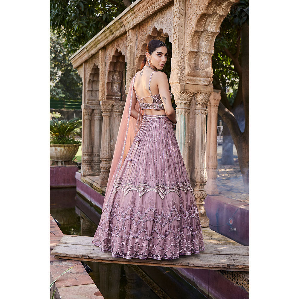 MEHAK MURPANA Rose Pink Embroidered Lehenga Crop Top with Dupatta (Set of 3)