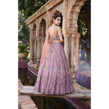 MEHAK MURPANA Rose Pink Embroidered Lehenga Crop Top with Dupatta (Set of 3)