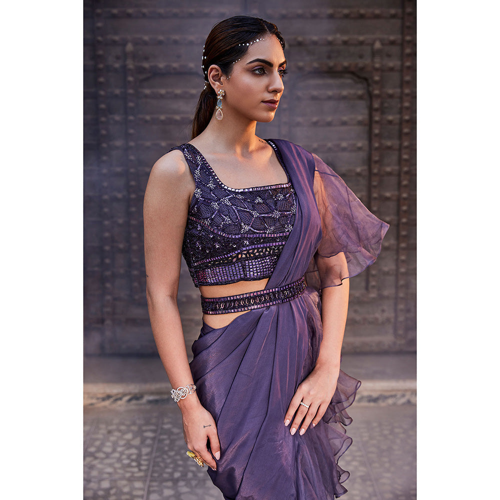 MEHAK MURPANA Amethyst Purple Ruffle Saree with Stitched Blouse and Belt