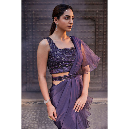 MEHAK MURPANA Amethyst Purple Ruffle Saree with Stitched Blouse and Belt