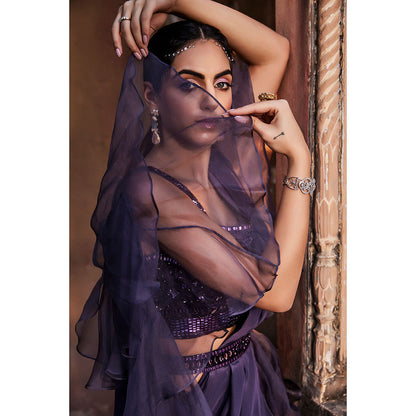 MEHAK MURPANA Amethyst Purple Ruffle Saree with Stitched Blouse and Belt