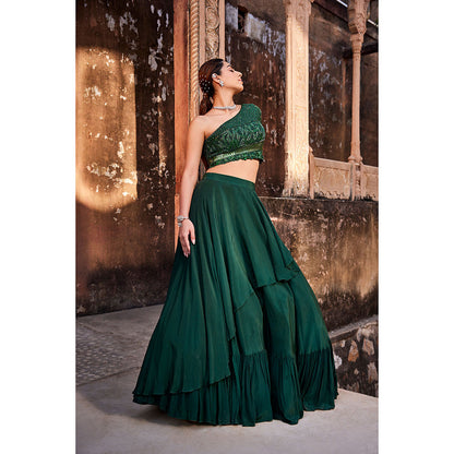 MEHAK MURPANA Green One Shoulder Top and Lehenga (Set of 2)