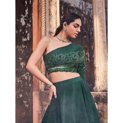MEHAK MURPANA Green One Shoulder Top and Lehenga (Set of 2)