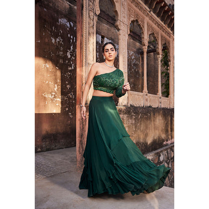MEHAK MURPANA Green One Shoulder Top and Lehenga (Set of 2)