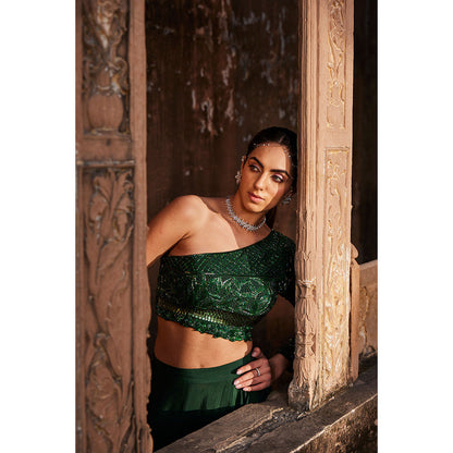 MEHAK MURPANA Green One Shoulder Top and Lehenga (Set of 2)