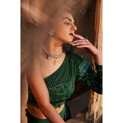 MEHAK MURPANA Green One Shoulder Top and Lehenga (Set of 2)