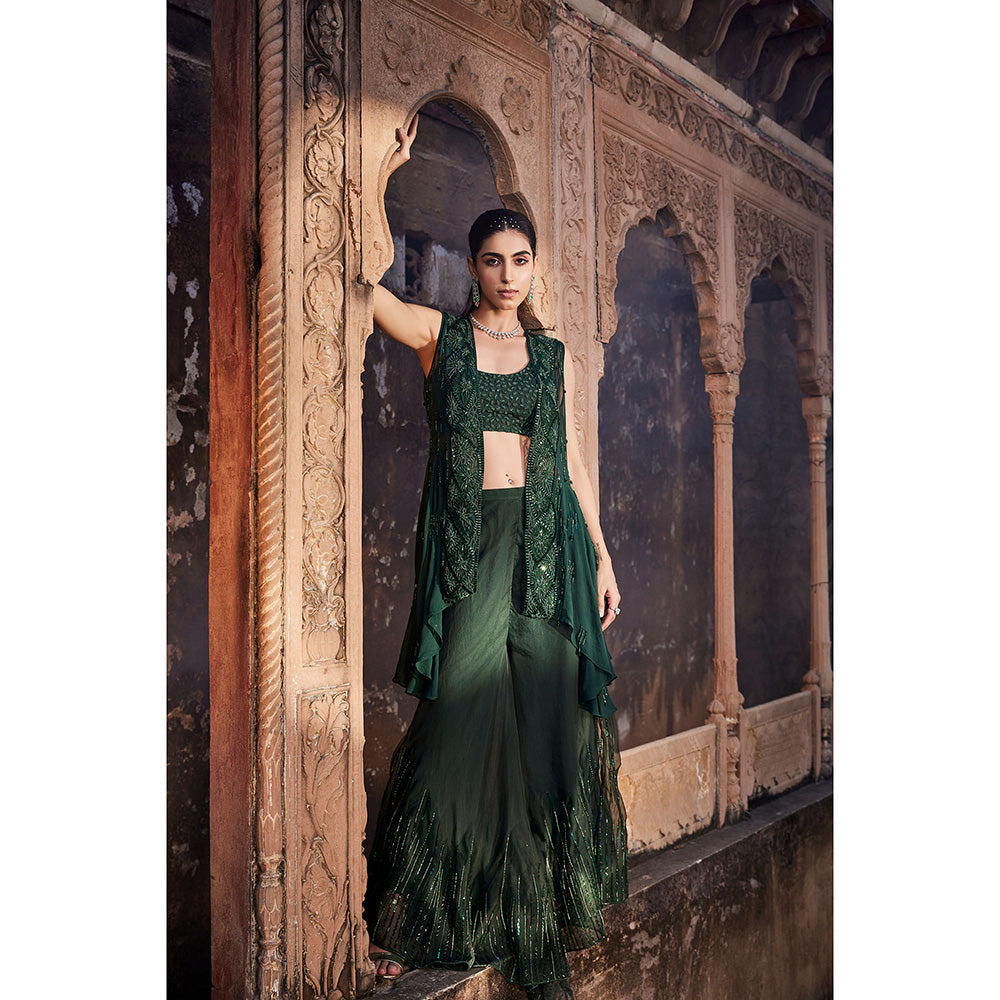 MEHAK MURPANA Green Jacket and Palazzo with Buster (Set of 3)
