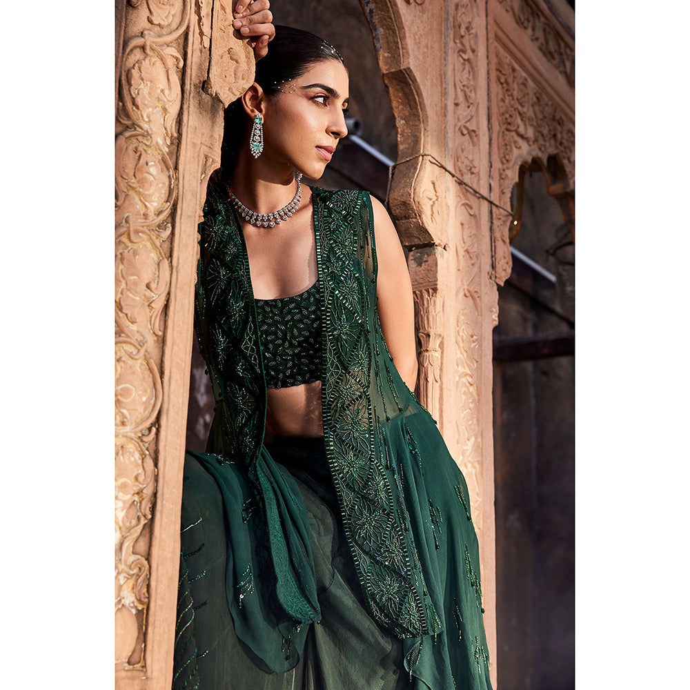 MEHAK MURPANA Green Jacket and Palazzo with Buster (Set of 3)
