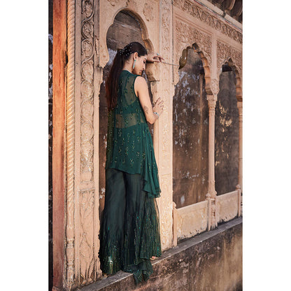 MEHAK MURPANA Green Jacket and Palazzo with Buster (Set of 3)