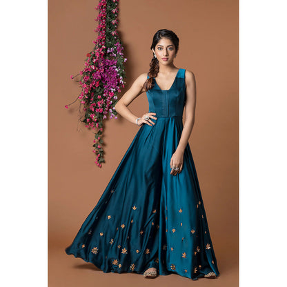 MEHAK MURPANA Teal Embroidered Jumpsuit