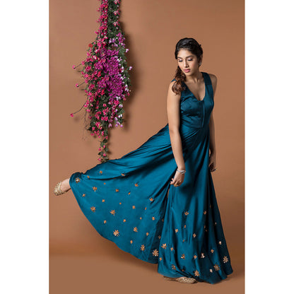 MEHAK MURPANA Teal Embroidered Jumpsuit