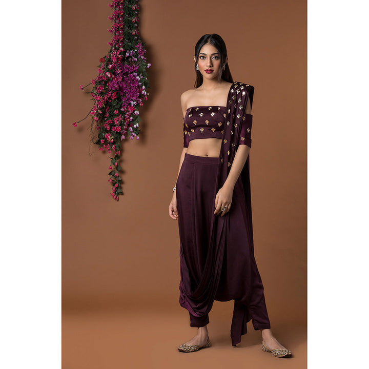 MEHAK MURPANA Wine Crop Top with Low Crotch Dhoti Sari (Set of 2)