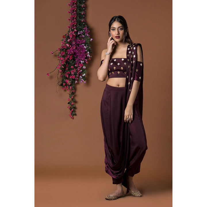 MEHAK MURPANA Wine Crop Top with Low Crotch Dhoti Sari (Set of 2)