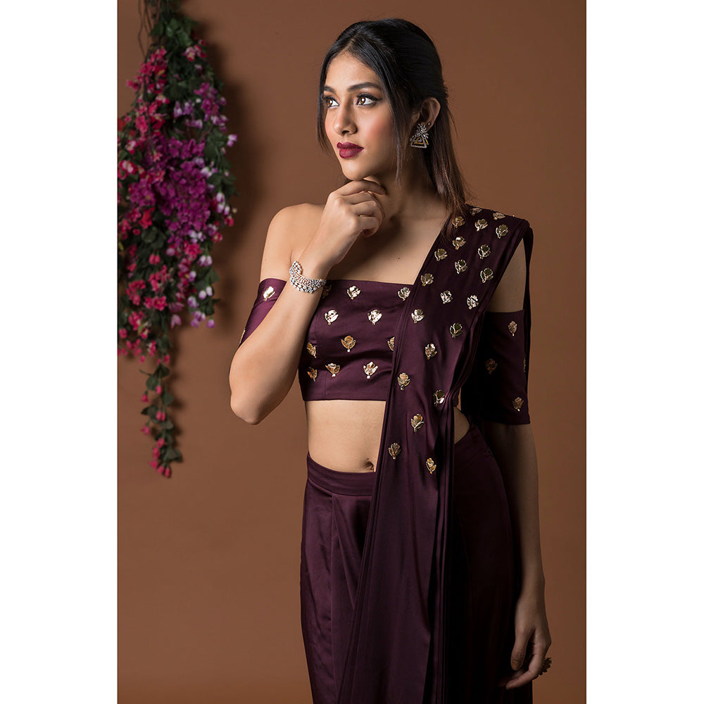 MEHAK MURPANA Wine Crop Top with Low Crotch Dhoti Sari (Set of 2)