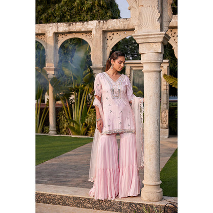 MEHAK MURPANA Baby Pink Mirror Embroidered Short Kurta Sharara and Dupatta (Set of 3)
