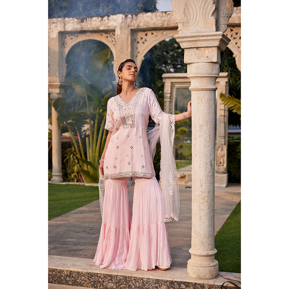 MEHAK MURPANA Baby Pink Mirror Embroidered Short Kurta Sharara and Dupatta (Set of 3)